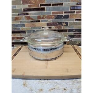 Vintage Fire King Casserole Clear Glass, Lid & Carrier Stainless, 1-1/2 Quart
